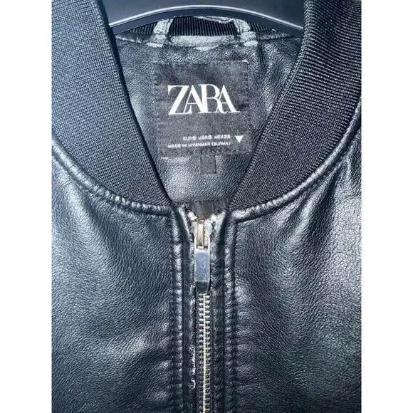 Zara Faux Leather Cropped Bomber Jacket Women Black Belted Moto Style - Picture 5 of 17